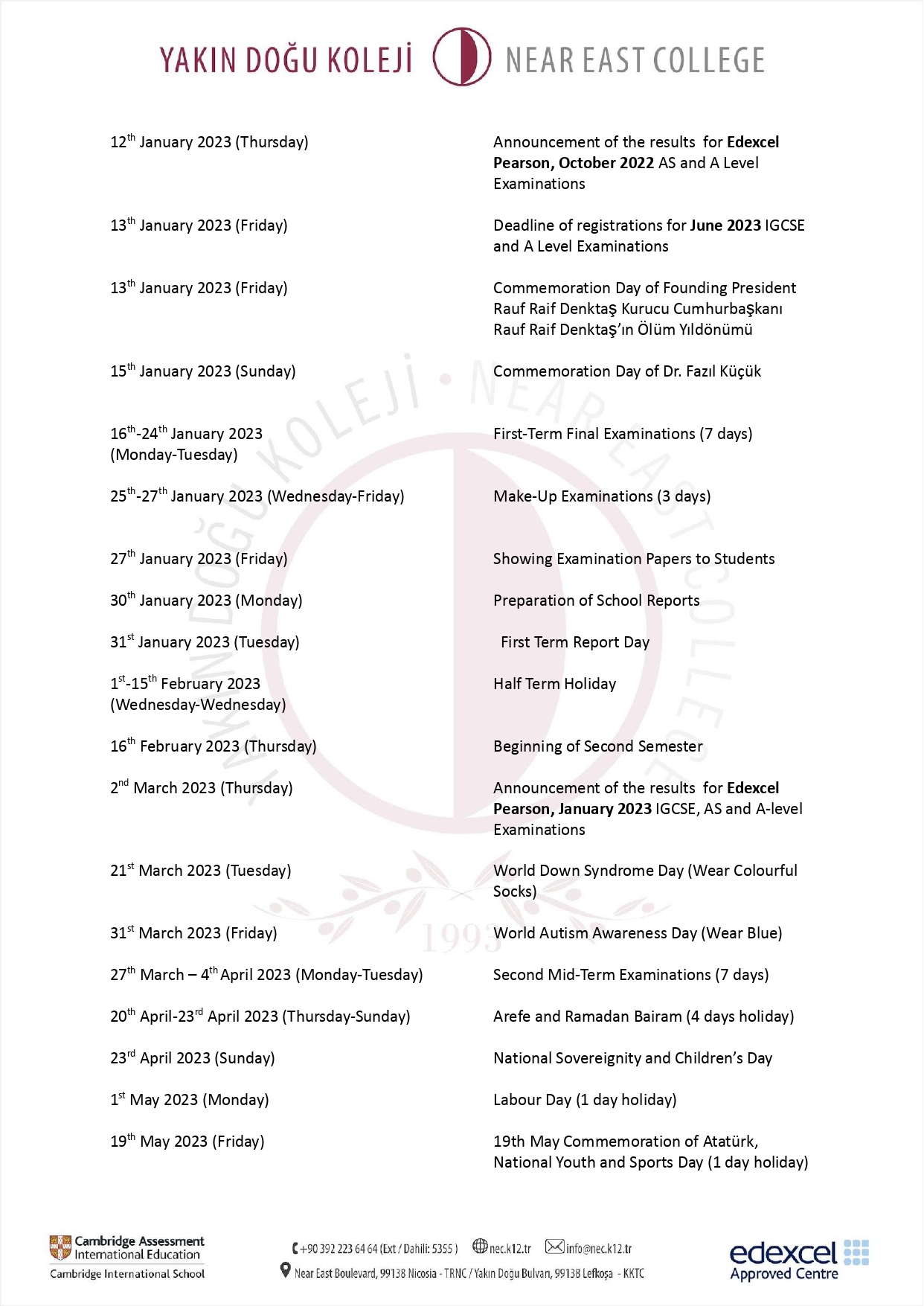 Academic Calendar – Near East College